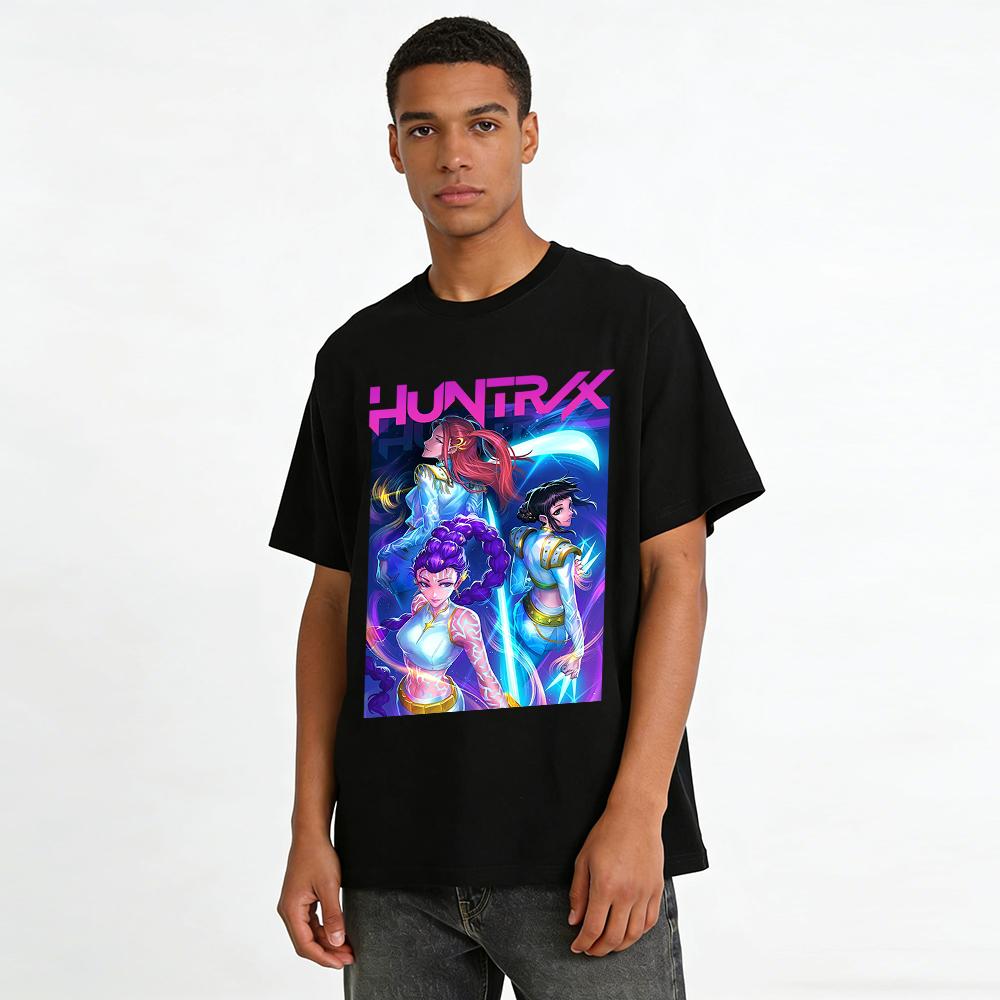 HUNTRIX Cyberpunk Girl Group Print T-shirt Sci-fi Anime Style Trendy Street Casual Top Pure cotton T-shirt