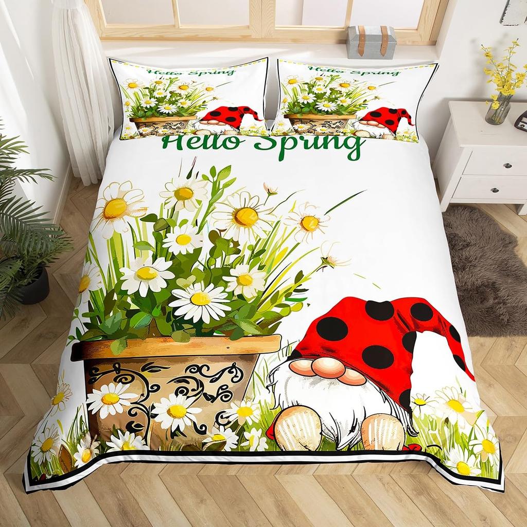 Purple Lavender Dwarf Duvet Cover King Queen Kawaii Cartoon Gnome Bedding Set Spring Flowers Comforter Cover Floral Quilt Cover