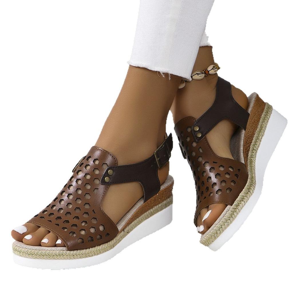 Large Size Spring and Summer New Hemp Rope Wedge Heel Women's Sandals Casual Hollow Fish Mouth Flat Bottom Buckle Beach Sandals