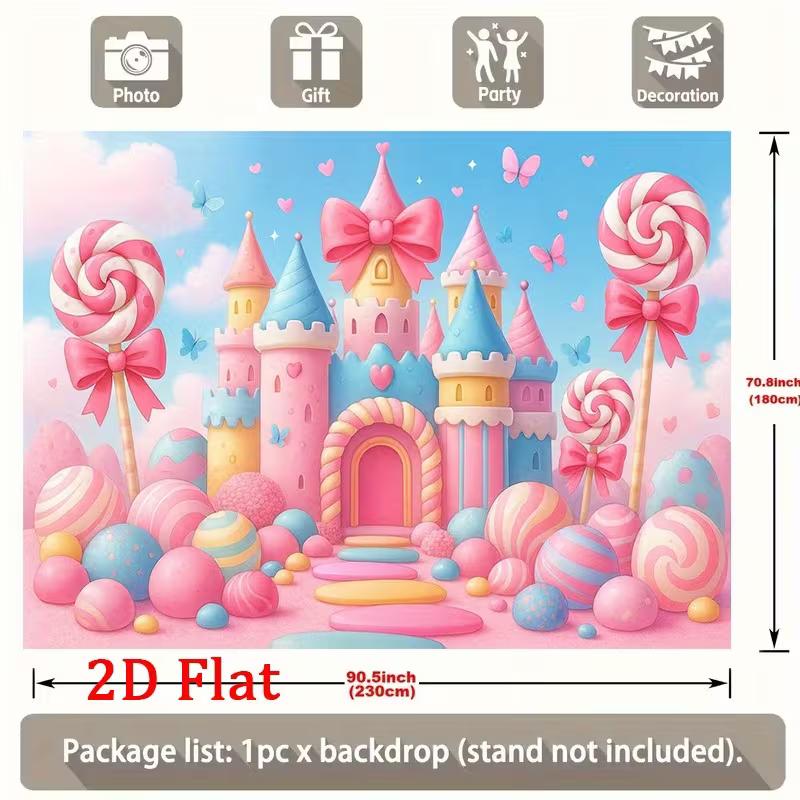 2D Pastel Candy Castle Backdrop, Princess Birthday Lollipop Background