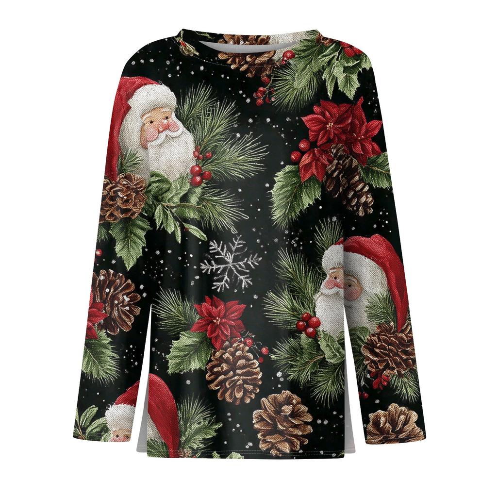 Women's Fashion Casual Slit Hem Round Neck Long Sleeve Loose  Printed T-Shirt Ladies Top
