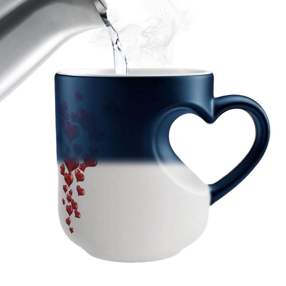 Color Changing Mug 325ml Heart Shape Beverage Cup Ceramic Novelty Coffee Cups with Handle Water Dispenser for Home Kitchen