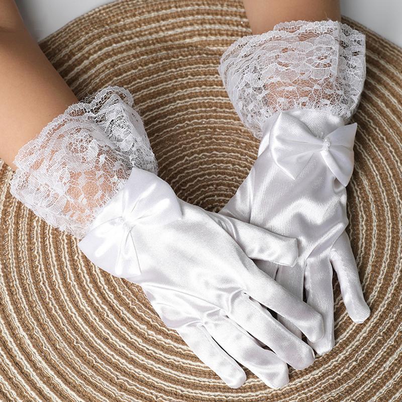 1Pair Lace Sweet Princess Wedding Party Short Polyester Thin Girls Gloves Bow Mittens