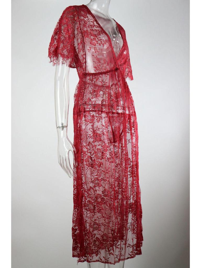 2023 European & American Sexy Lace Deep V Women’s Bodysuit with Side Opening and Long Robe