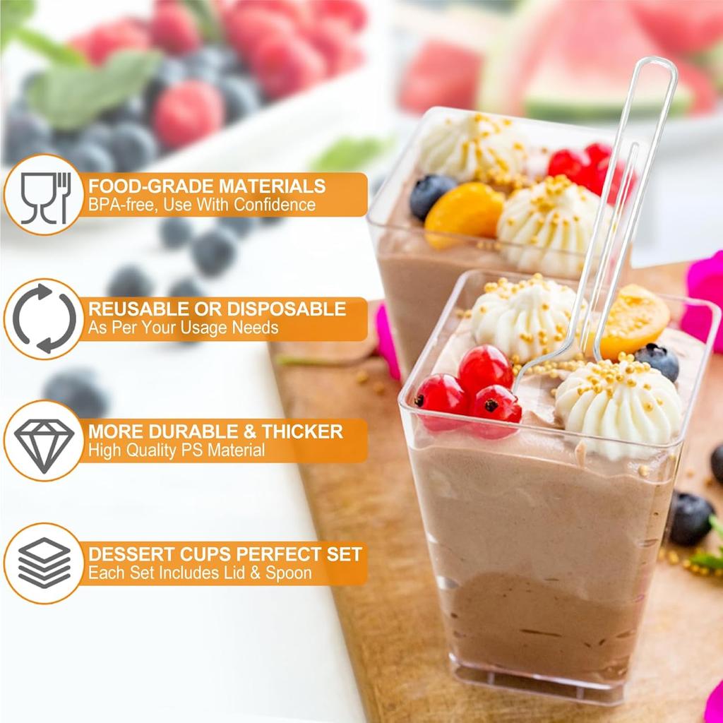 Exquisite Mini Dessert Cups with Spoons Square Dessert Cups with Tasting Spoons Mini Parfait Cups Appetizer Plastic Dessert Cup