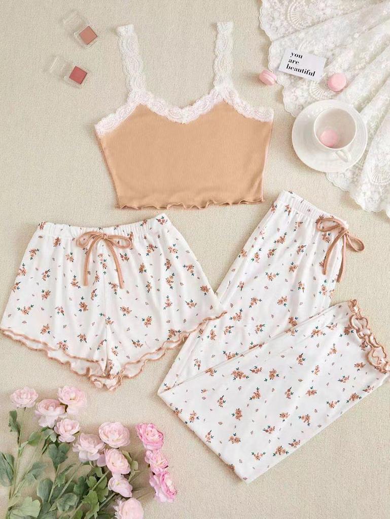 European & American Ribbed Lace Camisole Pajama Set - Includes Top, Shorts, and Pants