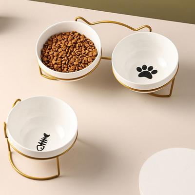 Round Kitten Raised Dish Double Bowl Cat Ceramic Water Bowl Cat Elevated Water Feeder   Puppy