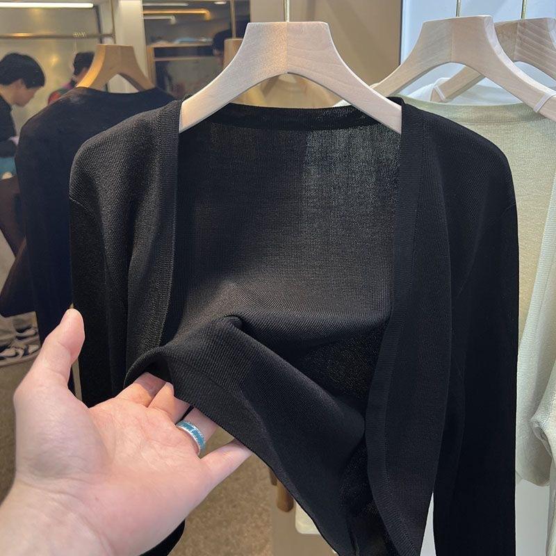 Black thin ice silk knitted cardigan for women with suspender skirt, summer outer sunscreen blouse, air-conditioning shirt, shawl jacket