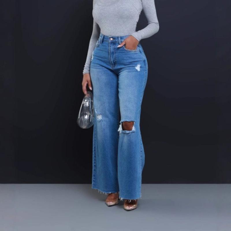 Ripped Jeans Women s High Waist Loose Straight Wide Leg Pants Stylish Frayed Hem Pants, Light Wash with Edgy Vibe S темно-синий