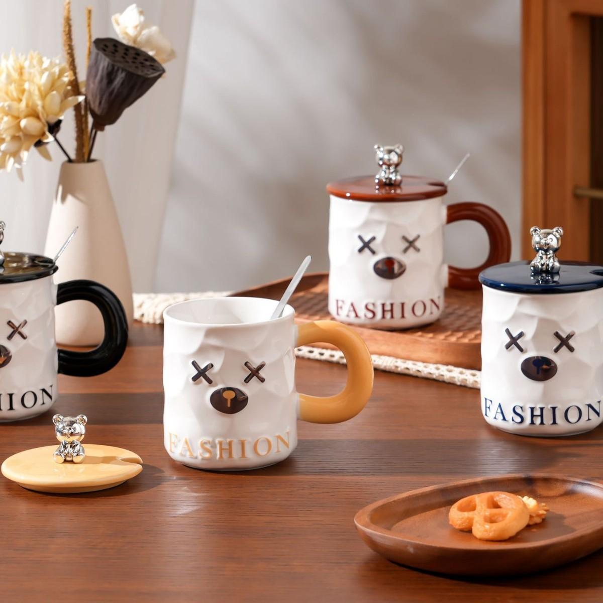 

Керамическая кружка Мишка с крышкой и ложкой, мультяшная, милая, чашка для воды для девочек, офисный набор кружек, высокий внешний вид 350ML