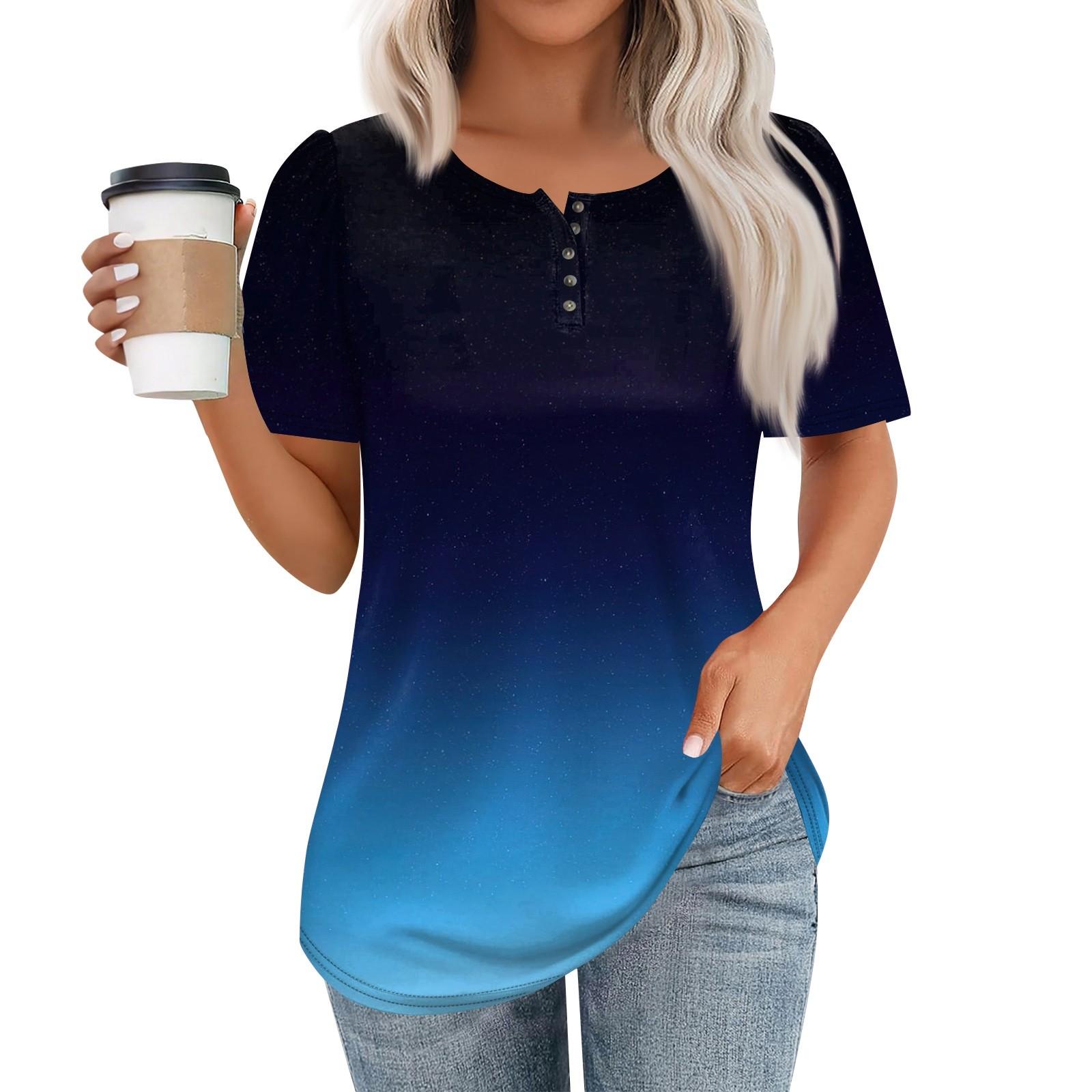 

Женский модный повседневный короткий рукав пуловер с принтом на пуговицах и круглым вырезом L