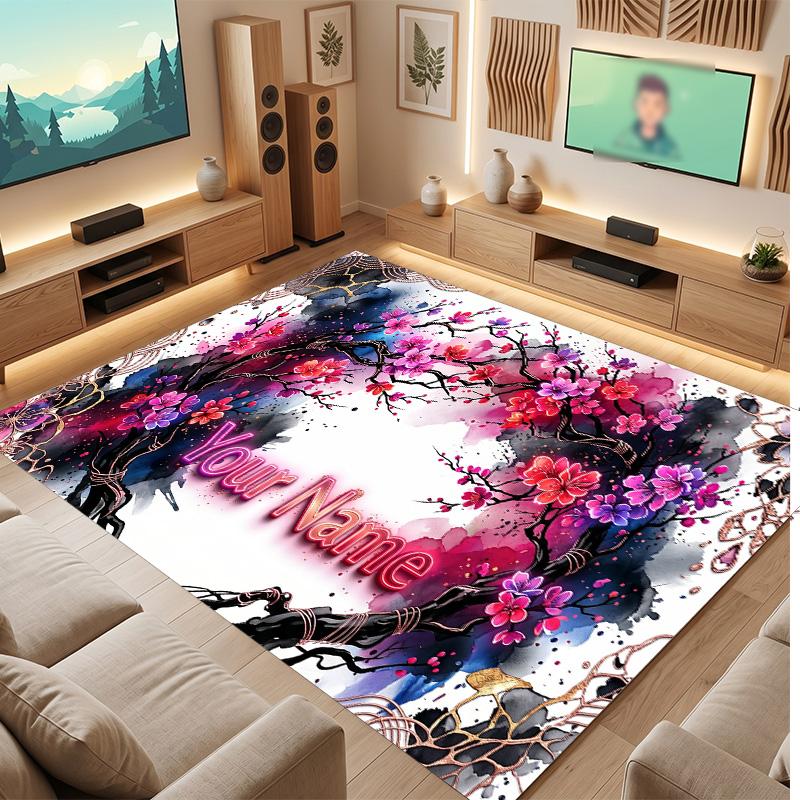 Floral Garden Theme Soft Crystal Velvet Rug Custom Name & Text Print Non Slip Floor Rug for Bedroom Living Room