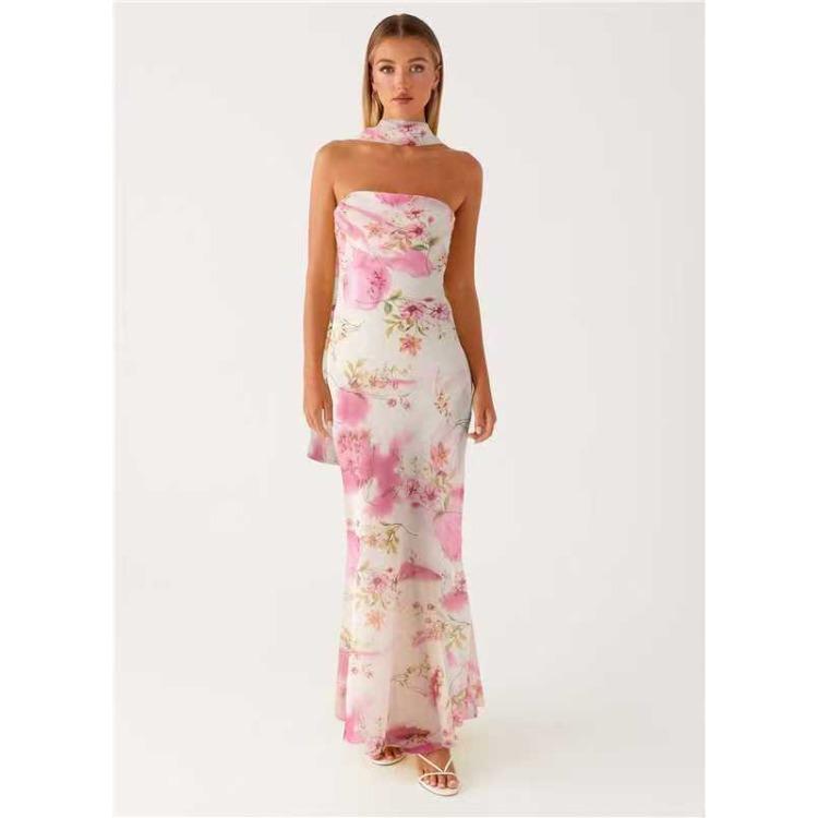 Women's Strapless Floral Print Mermaid Maxi Dress with Side Drape