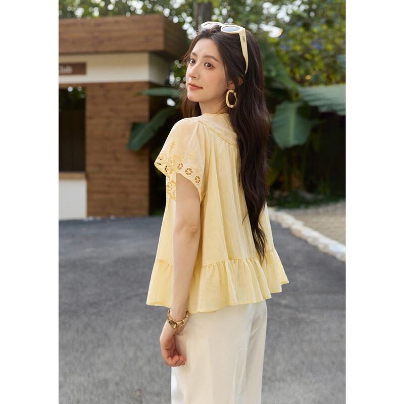 Mioxu Yellow Embroidered Tencel Short Sleeve Shirt