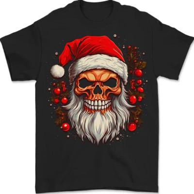 Christmas Santa Skull Christmas Bah Humbug Biker T-Shirt Men's 100% Cotton