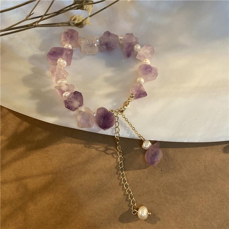 Women Girls Freshwater Pearls Bracelet Irregular Natural Stone Amethysts Purple Crystal Oval Shape Pearl Golden Bangle Jewelry