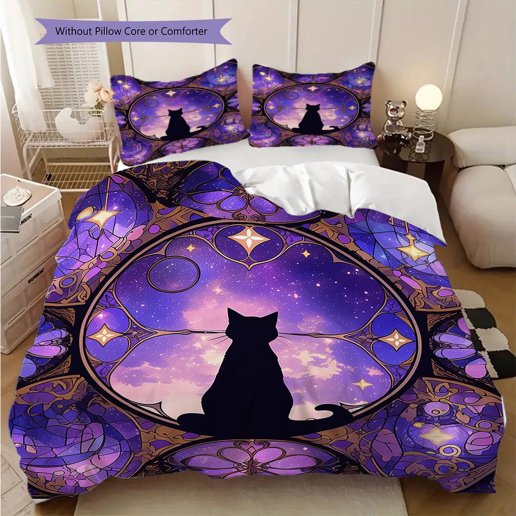 Black Cat Pattern Bedding Quilt Set Quilt Cover Pillowcase Home Decoration Birthday Gift (1 * Duvet Cover + 2 * Pillowcase, Without Core)