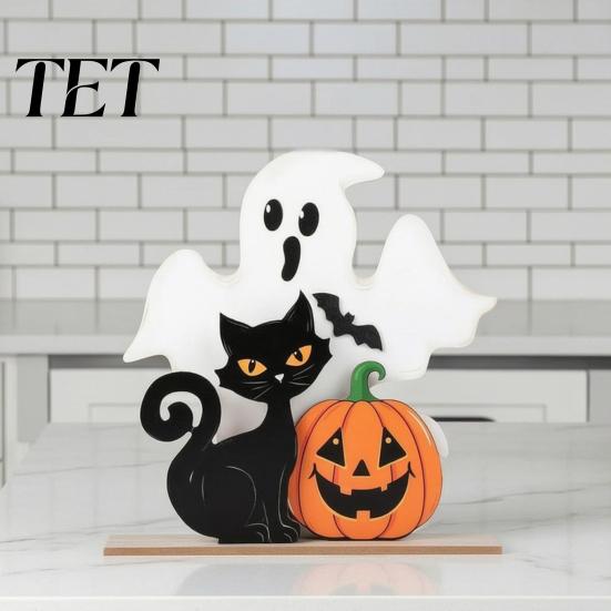 Wooden Tiered Tray Decor Halloween Table Decor, Black Cat Ghost Pumpkin Decorations Indoor Cute Dark Theme Party Ornaments Gifts, Room for Tables