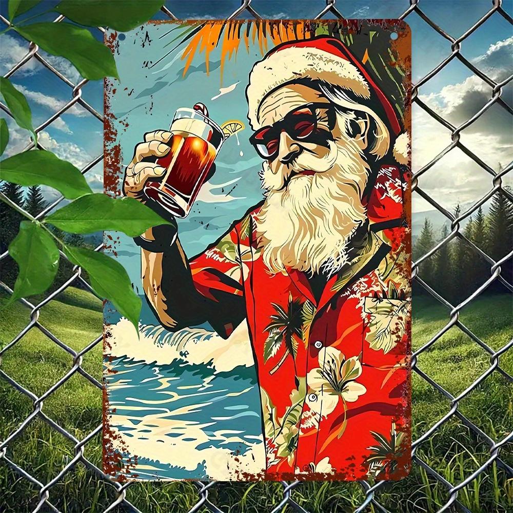 Vintage Metal Santa Wall Art with Hawaiian Shirt Christmas Design for Garden Patio Farmhouse Restaurant Holiday Decor Gift