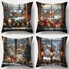 Set of 4, Single-Sided Printed, Christmas-Themed Window Scene Pattern Pillow Covers, Modern Stylish Decorative Pillow Covers, Suitable, Living Room, O