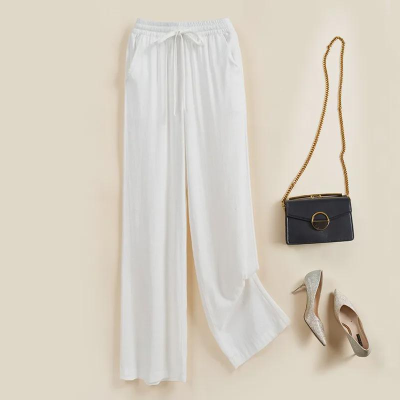 Dámské 2024 Kalhoty s vysokým pasem z lehké bavlny a lnu se širokými nohavicemi - Ležérní elastický pas, Volný střih, Všestranný design