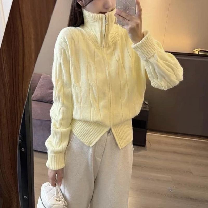 Solid Color High Neck Cable Knit Cardigan Sweater with Double Zipper for Women