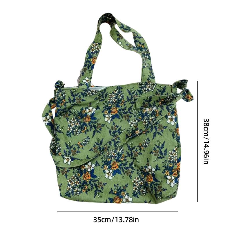 Fashion Retro Floral Print Bag Large-Capacity Corduroy Shoulder Bag Casual Small Fresh Canvas Crossbody Bag