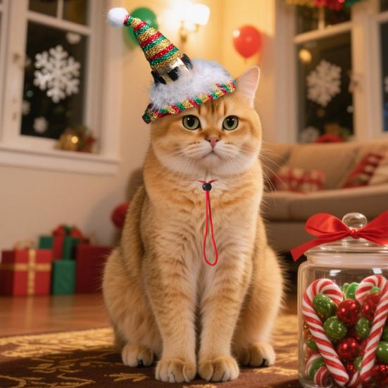 Cat Christmas Hat Pet Glittery Golden Xmas Hat Puppy Hat with Feathers for Cats And Small Dogs Photo Prop Festive Dress-up