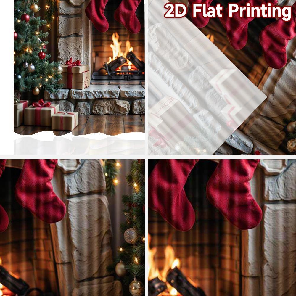 2pcs 2D flat printing Merry Christmas Window Curtains Day Christmas Fireplace Scene11 Machine Washable Polyester Without