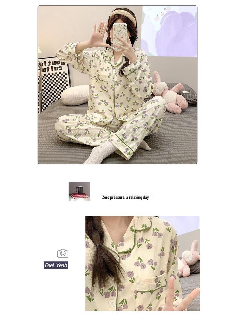 2024 Cute Spring/Autumn Women's Crepe Pajama Set with Chest Pad, Lapel Cardigan, Long-Sleeved Top, and Trousers.