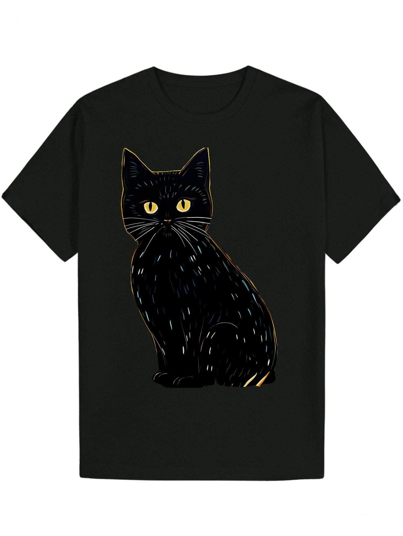 Crew Neck Polyester Animal T-shirt - Black with Yellow & White Stitched Design M