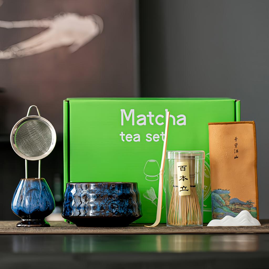 7pcs Set of Kiln-Transformed Glaze Ceramic Matcha Bowl with Tea Spoon, Filter, and Matcha Brush For Matcha Latte Tea Ceremony