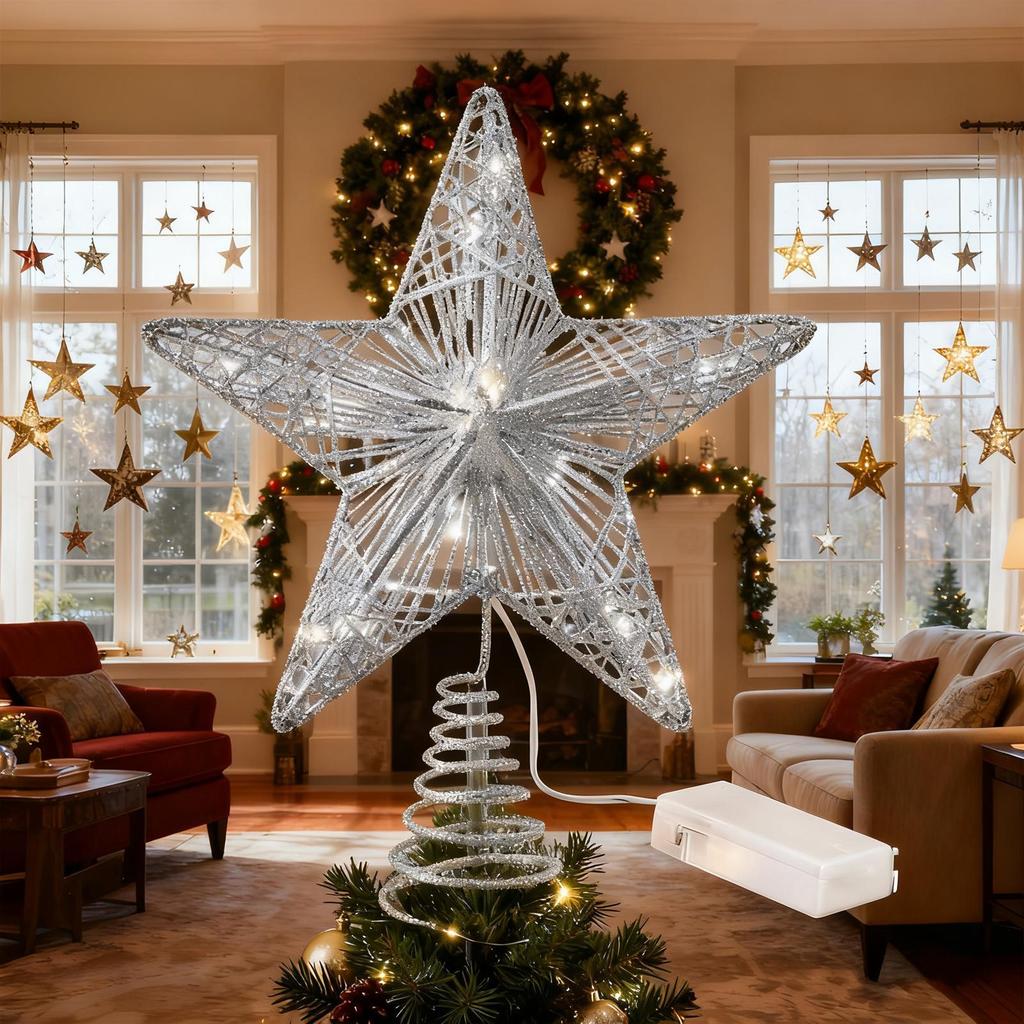 Christmas Tree Topper Decoration Iron Star-shaped LED Light Tree Toppers For Festival Wedding Party Office New Year Holiday