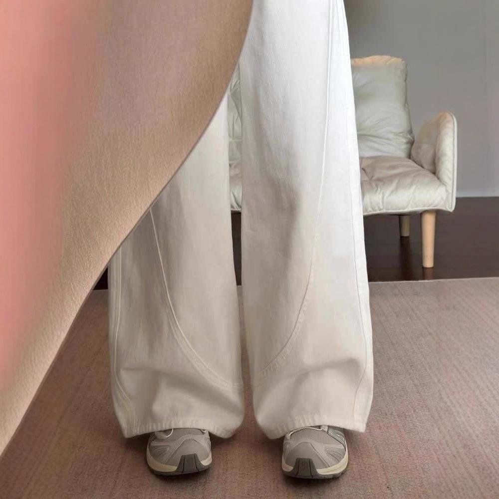 Women's High Rise Loose Fit Wide Leg Jeans Casual White Denim Pants With Drape
