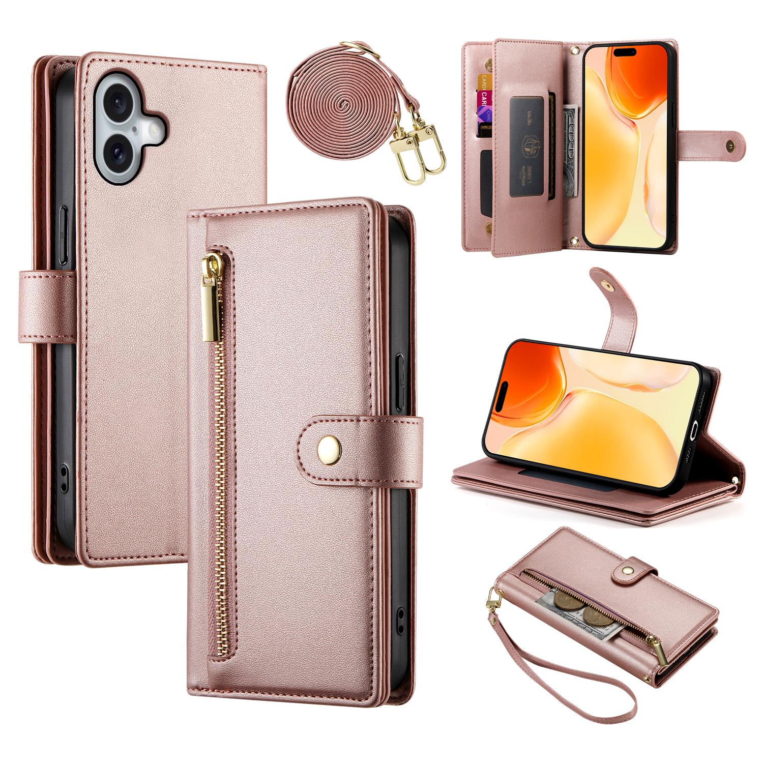 

DF-011 For iPhone 16 Plus Case Zipper Pocket Leather Wallet Phone Cover with Straps Pink