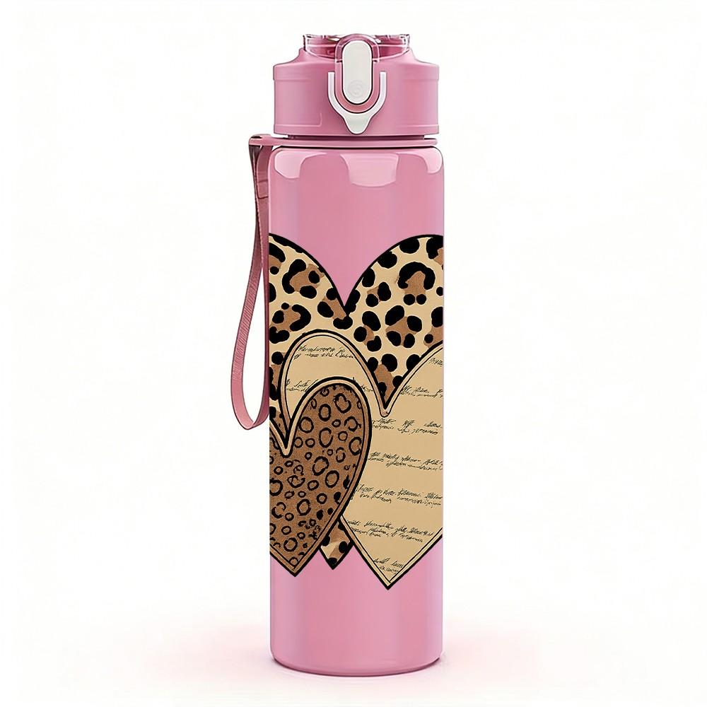 1PC Leopard Texture Twin Hearts 750ml Color Plastic Sports Water Bottle Leakproof Flip Straw Lid For Sports Office Home Use