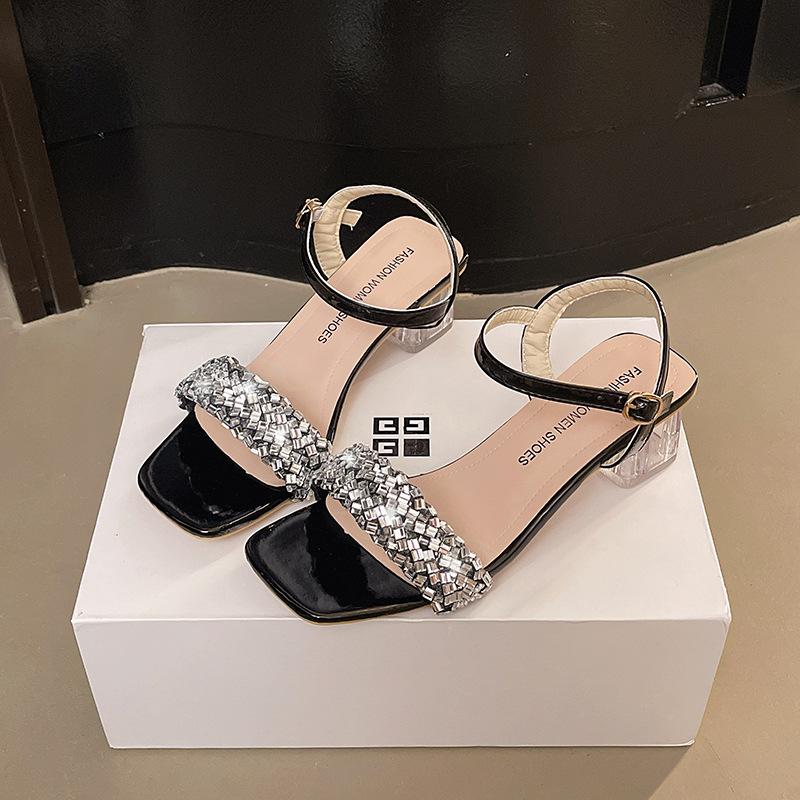 Summer New Rhinestone Word Sandals Women's Retro Ethnic Style Square Head Roman Sandals Wear Casual Fashion Sandals