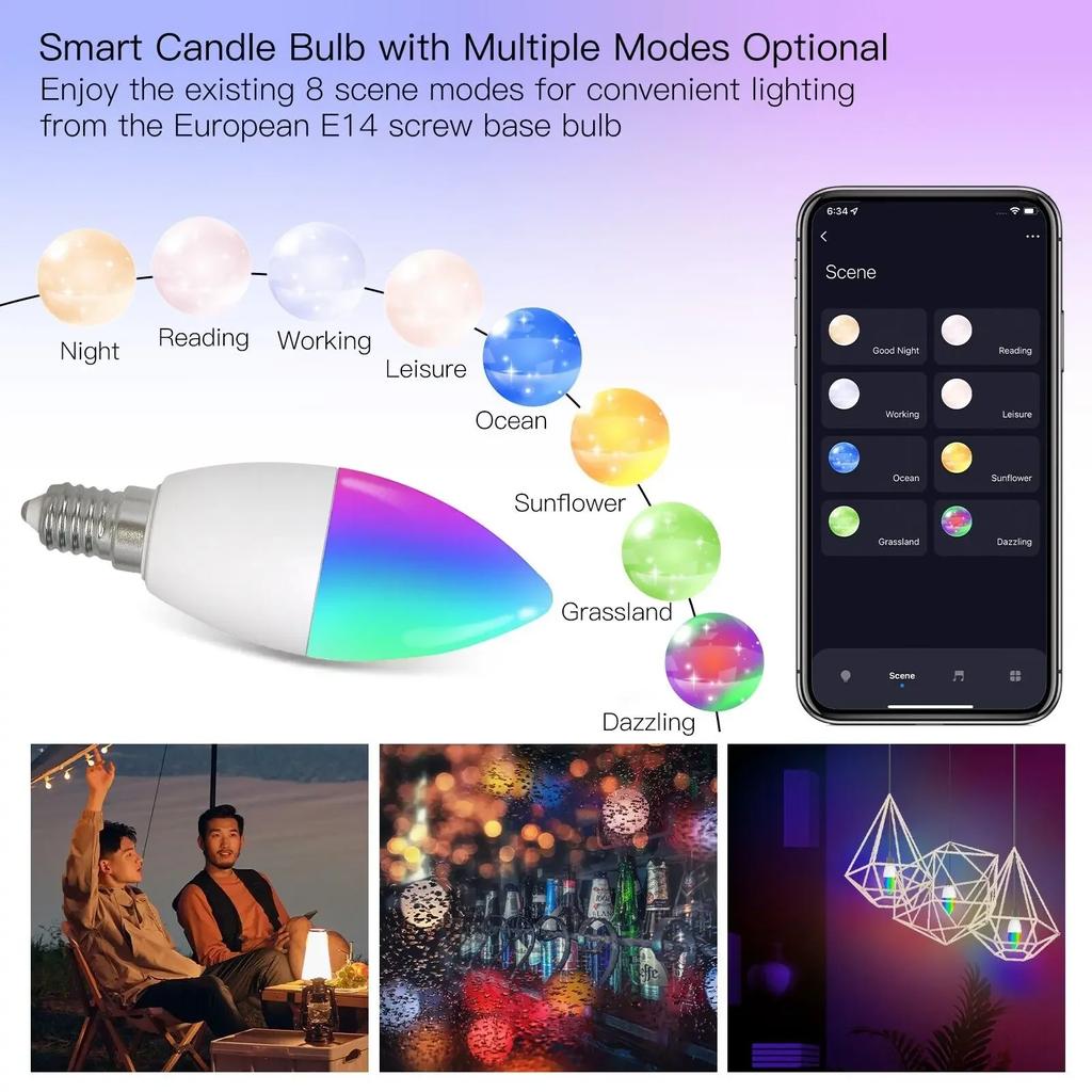 Tuya Smart E14 RGB LED Candle Bulb 5W WiFi/Bluetooth Control Dimmable Crystal Lamp Works with Alexa Google for Bedroom Living Room Lighting