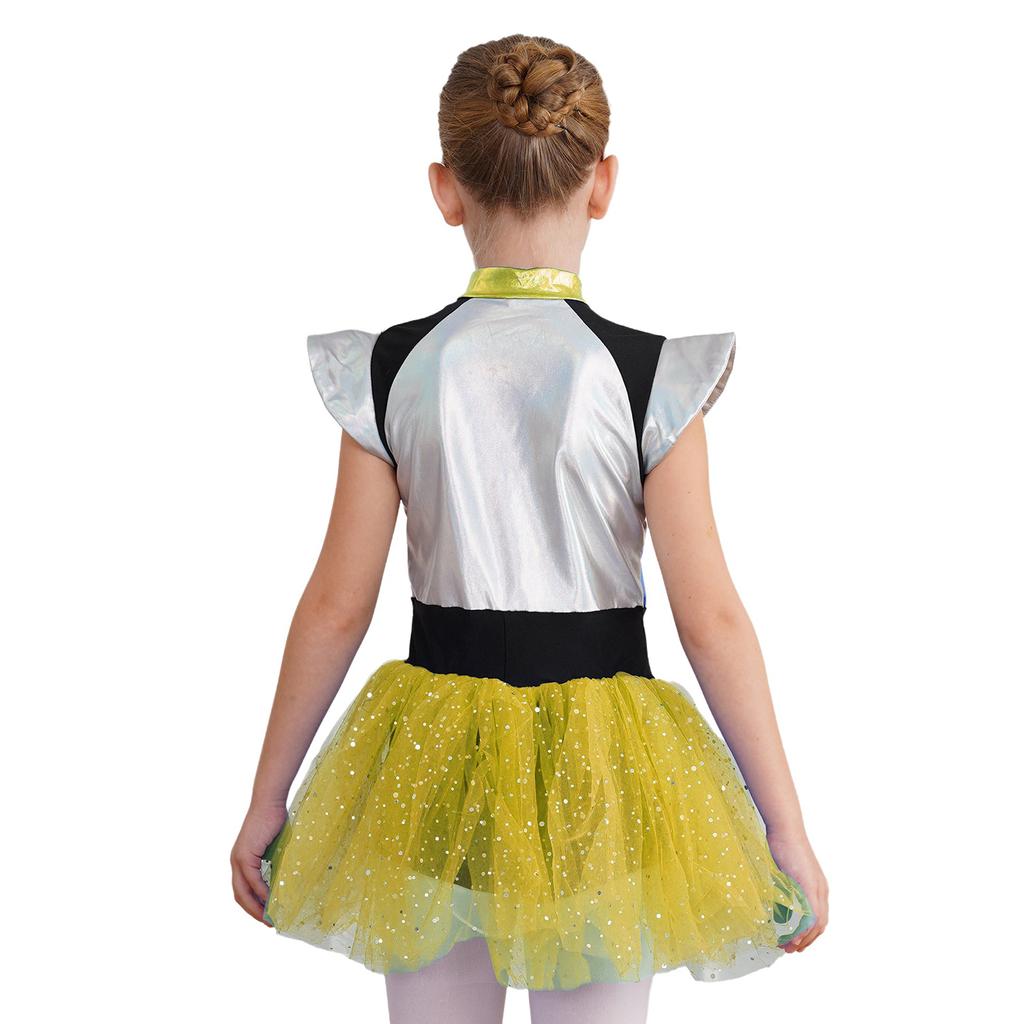 Girls Alien Theme Cheerleading Costume Color Block Patchwork Design Shiny Spangles Tutu Dress Bodysuit