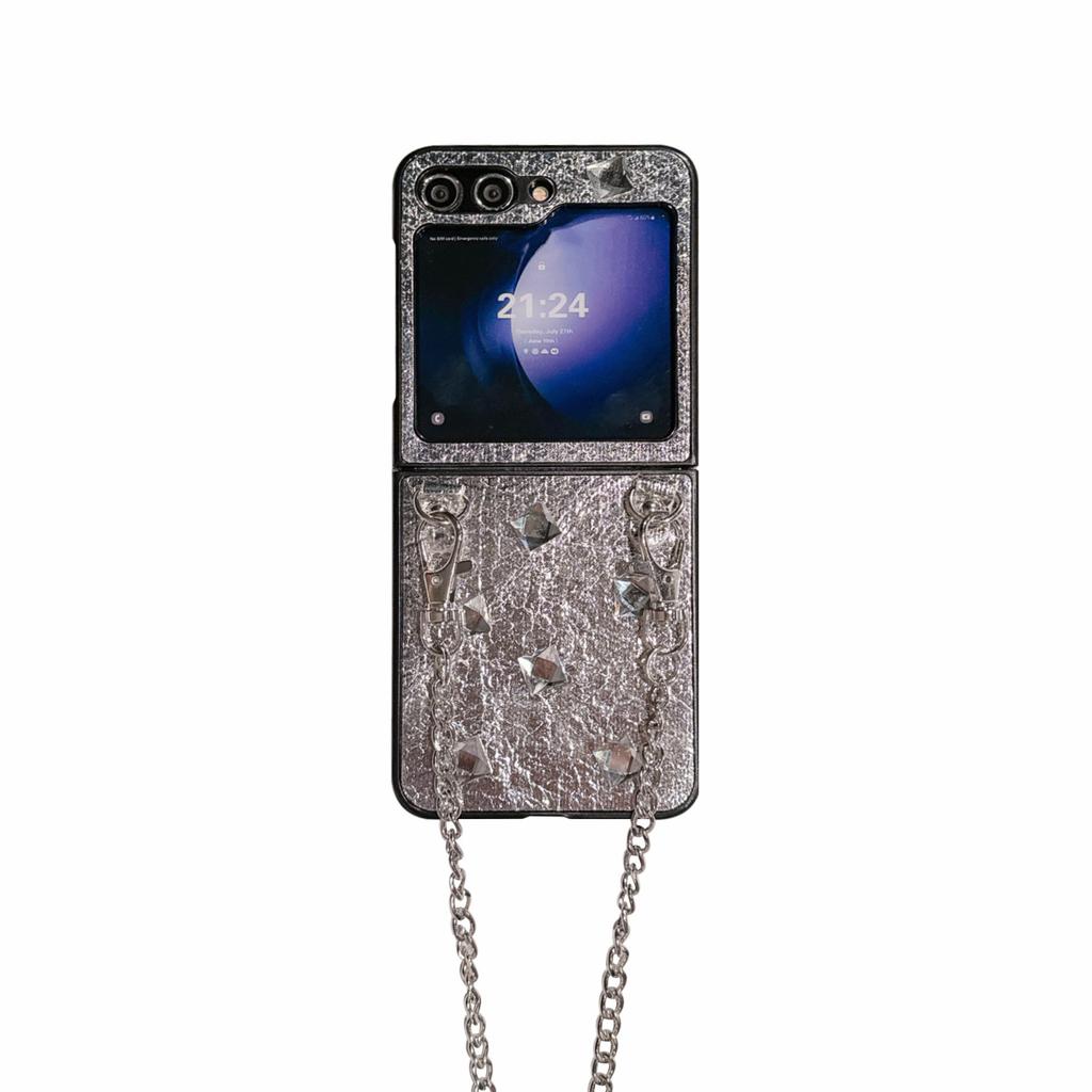 Applicable to Samsung Galaxy Z Flip6 phone case, silver leather rhinestone zflip4/5th generation folding protective case