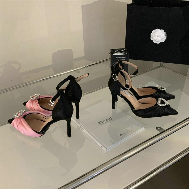 Love Diamond-Bow High Heels 2025 New French Socialite Style Pointy Thin Heel Hollow Toe Sandals