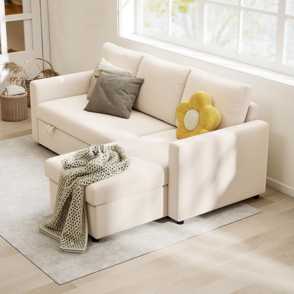 Divano angolare modulare convertibile con chaise longue reversibile, contenitore e 3 cuscini schienale, color crema