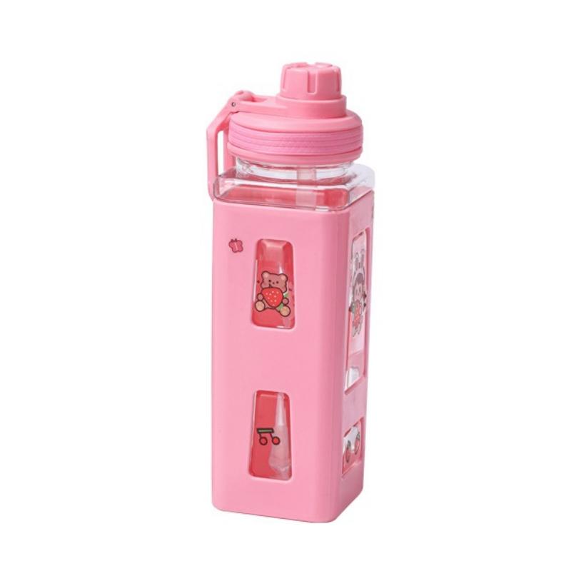 

600ML Water Bottle Cute Square Plastic Sports Water Cups with Straw Leak Proof Large Capacity Home Travel Outdoor Drinkware Tool 600ML розовый