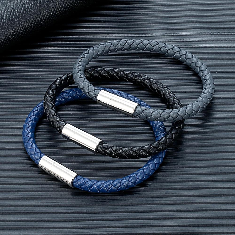 Classic Blue Braided Leather Bracelet Stainless Steel Magnetic Buckle Bangle Simple & Stylish Couple Jewelry Gift for Him