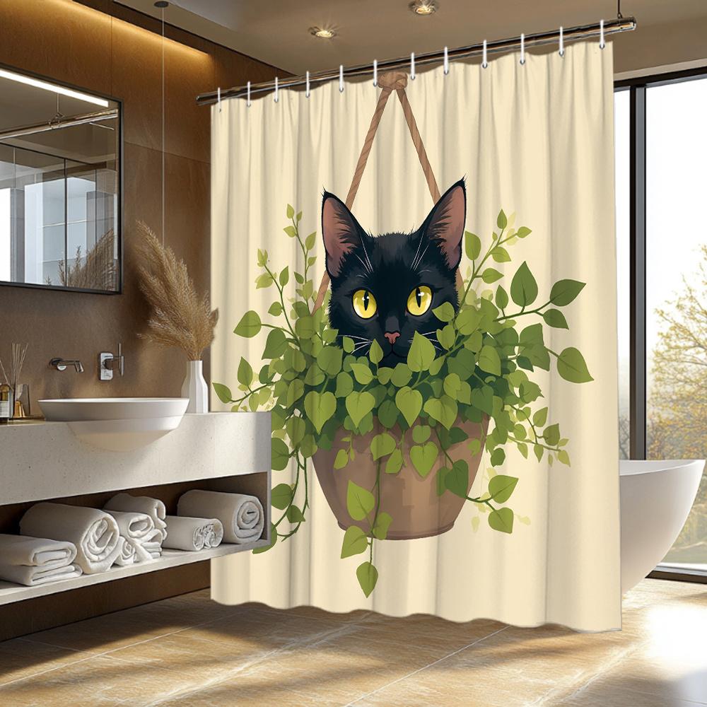 Waterproof Shower Curtain Black Cat Floral Botanical Jungle Pattern Bathroom Curtain Pet Lover Aesthetic Home Decor