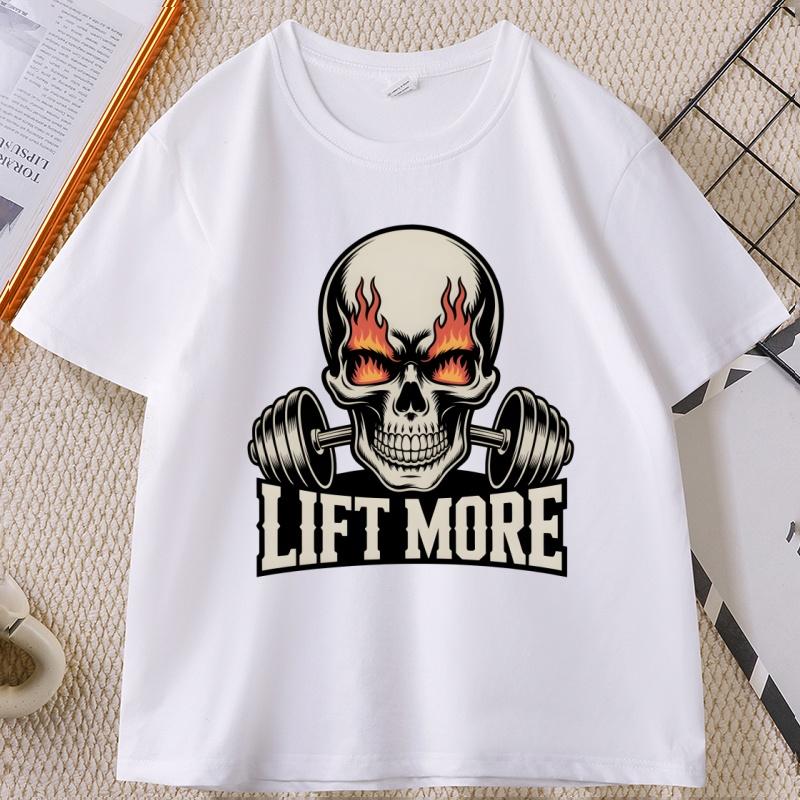Flaming Skull Lift More T Shirt for Unisex Fire Eyes Gym Tshirt Casual Cotton Shortsleeved Tshirt Unisexs Clothing Ropa Hombre