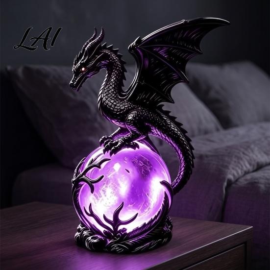 Fantasy Collection Item Gothic Dragon Night Light Resin Statue with Purple Glowing Crystal Unique Holiday Gift for Lovers Sphere Table Lamp