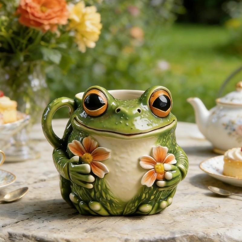 Fun Garden Themed Drinking Mug With Ergonomic Grip Frogs And Florals Cup Perfect For Hot And Cold Beverages