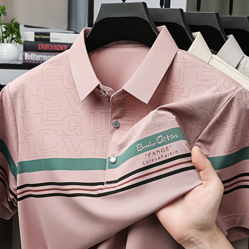

Men s Polo Shirt Lapel T-Shirt Summer Contrast Letter Print Short Sleeve Fashion Business Leisure Menswear M розовый