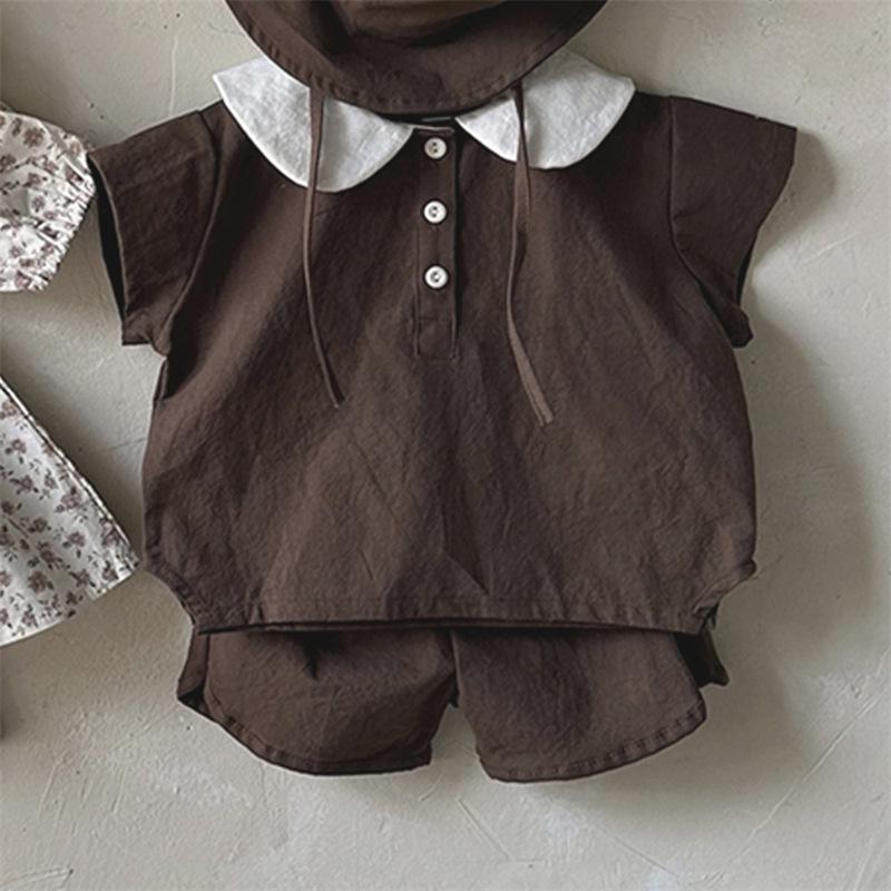 

Корейский стиль Летняя мода хлопок шорты с коротким рукавом лацкан костюм из двух частей для мальчиков и девочек 100cm коричневый